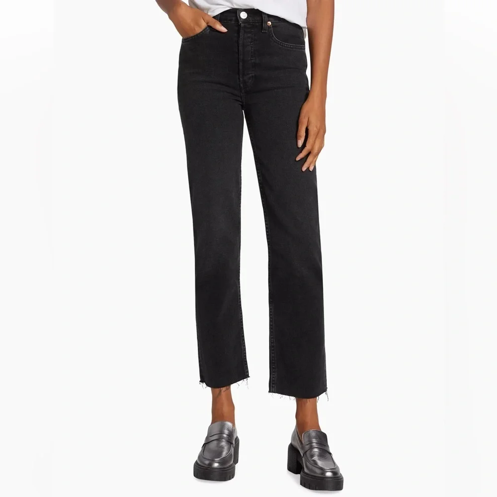 RE/DONE Jeans 70s Ultra High Rise Stove Pipe Black Denim Women Size 26 $265 NWT